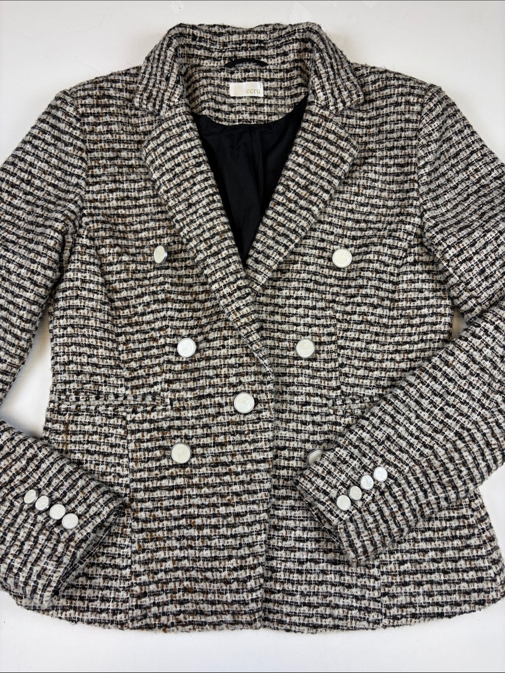 Ecru Tweed Blazer Size 6 Brown Cream Double Breasted Look Silver Buttons